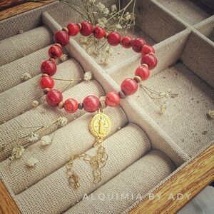 Gold Saint Benedict medal + Tassel + red turquoise beaded bracelet